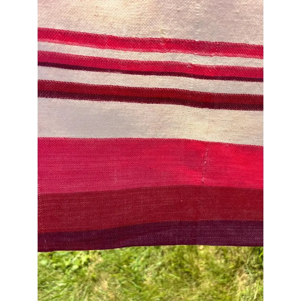 Vintage Red Striped Tablecloth with Embroidered Floral Center Motif